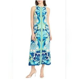 Donna Morgan Paisley Print A-Line Maxi Dress In Blue/Green Size 16